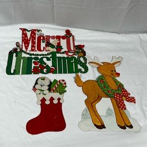3 VTG Christmas Die Cut Paper Window Decorations Merry Xmas Reindeer Stocking